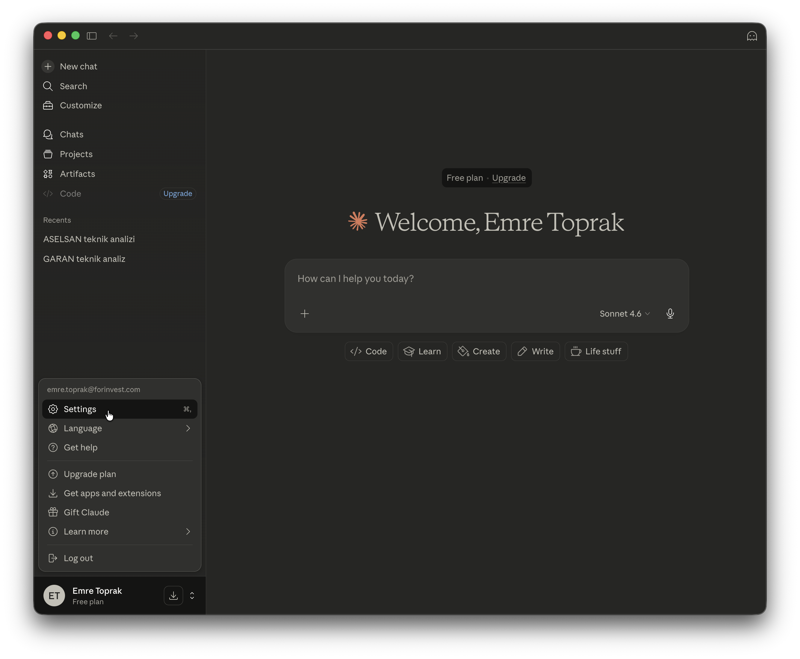 Claude Desktop — Open Settings