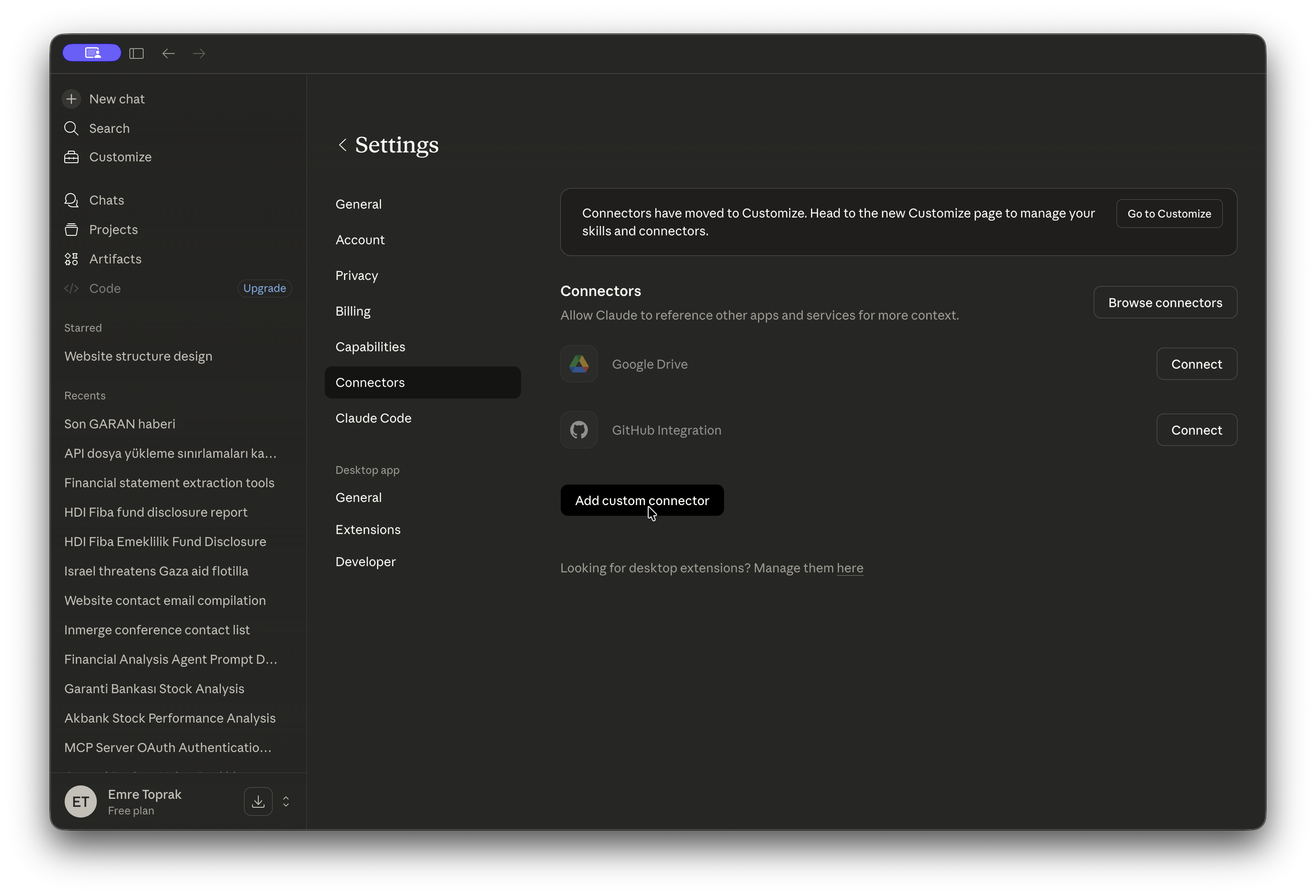 Claude Desktop — Add custom connector