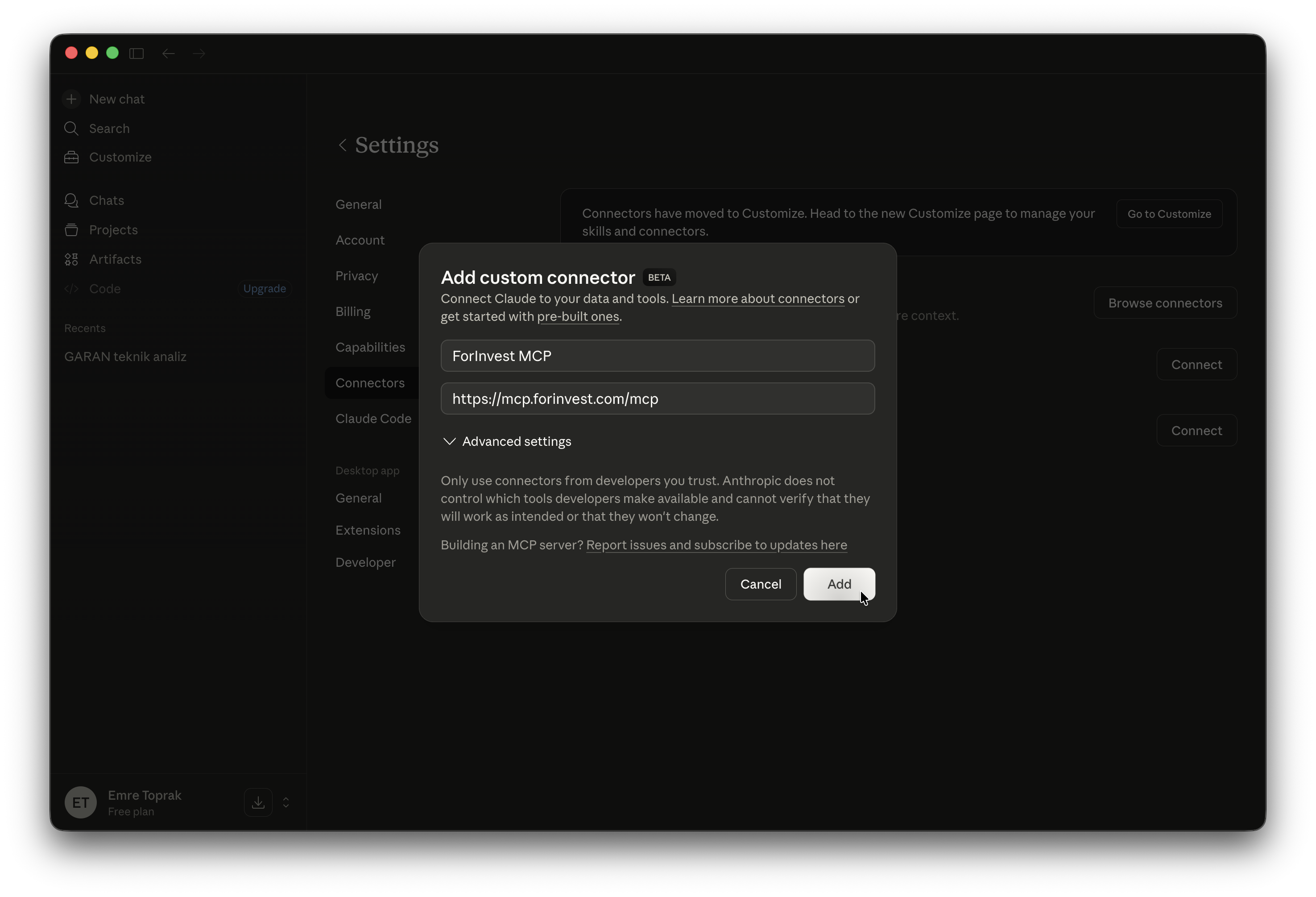 Claude Desktop — Enter ForInvest MCP name and URL