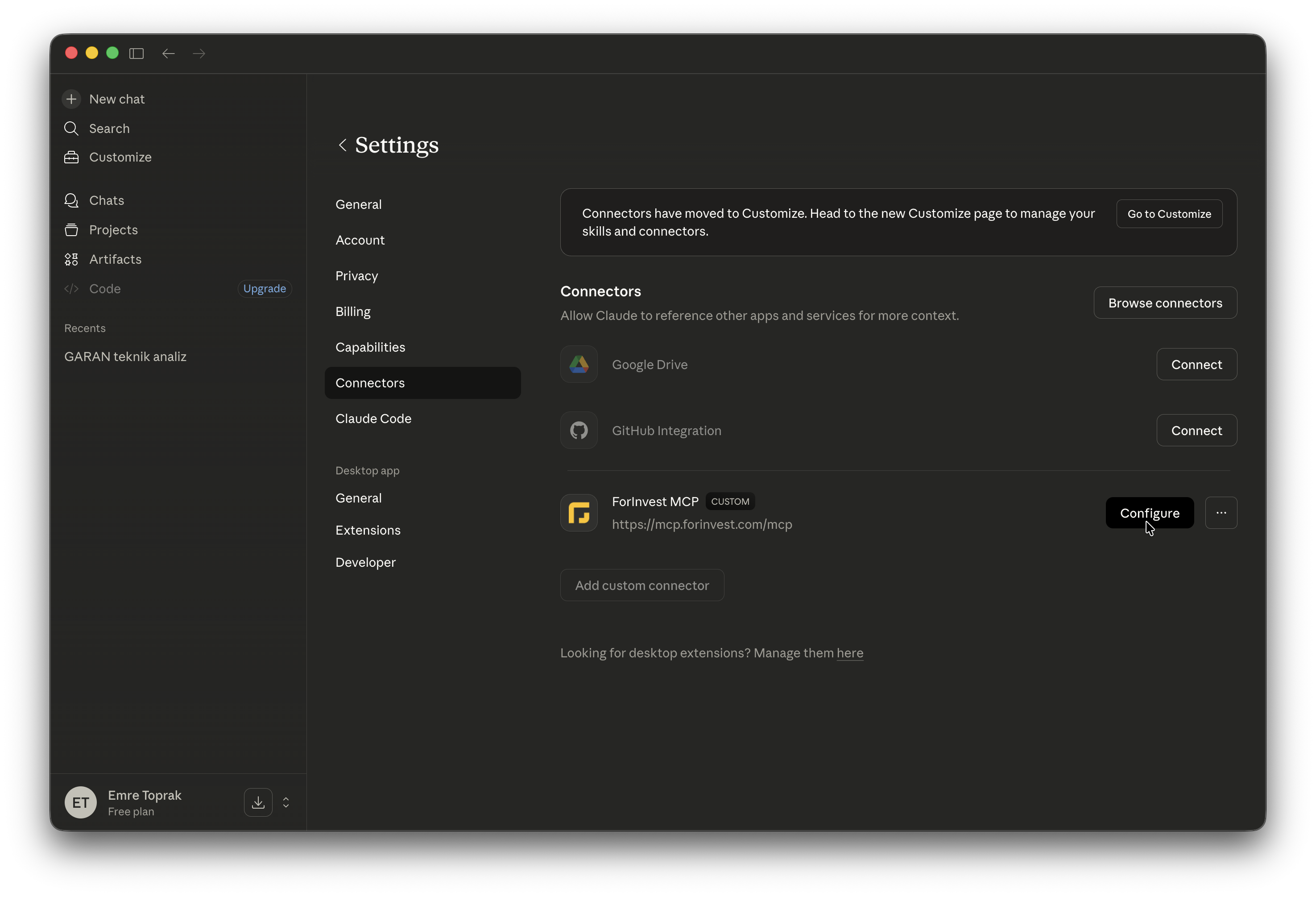 Claude Desktop — Configure ForInvest MCP tool selection